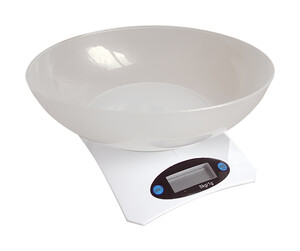 Báscula de cocina digital con bol transparente y pantalla LCD para pesar ingredientes.