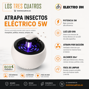 Atrapa insectos eléctrico LED 5W Electro DH con sistema de succión silencioso y luz UVA